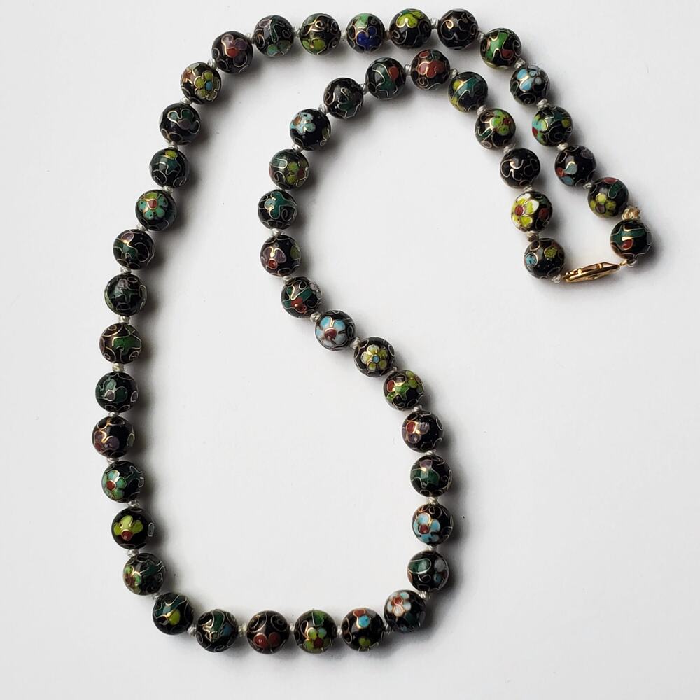 Vintage Hand Knotted Chinese Cloisonne Enamel Bead Necklace 24 in.